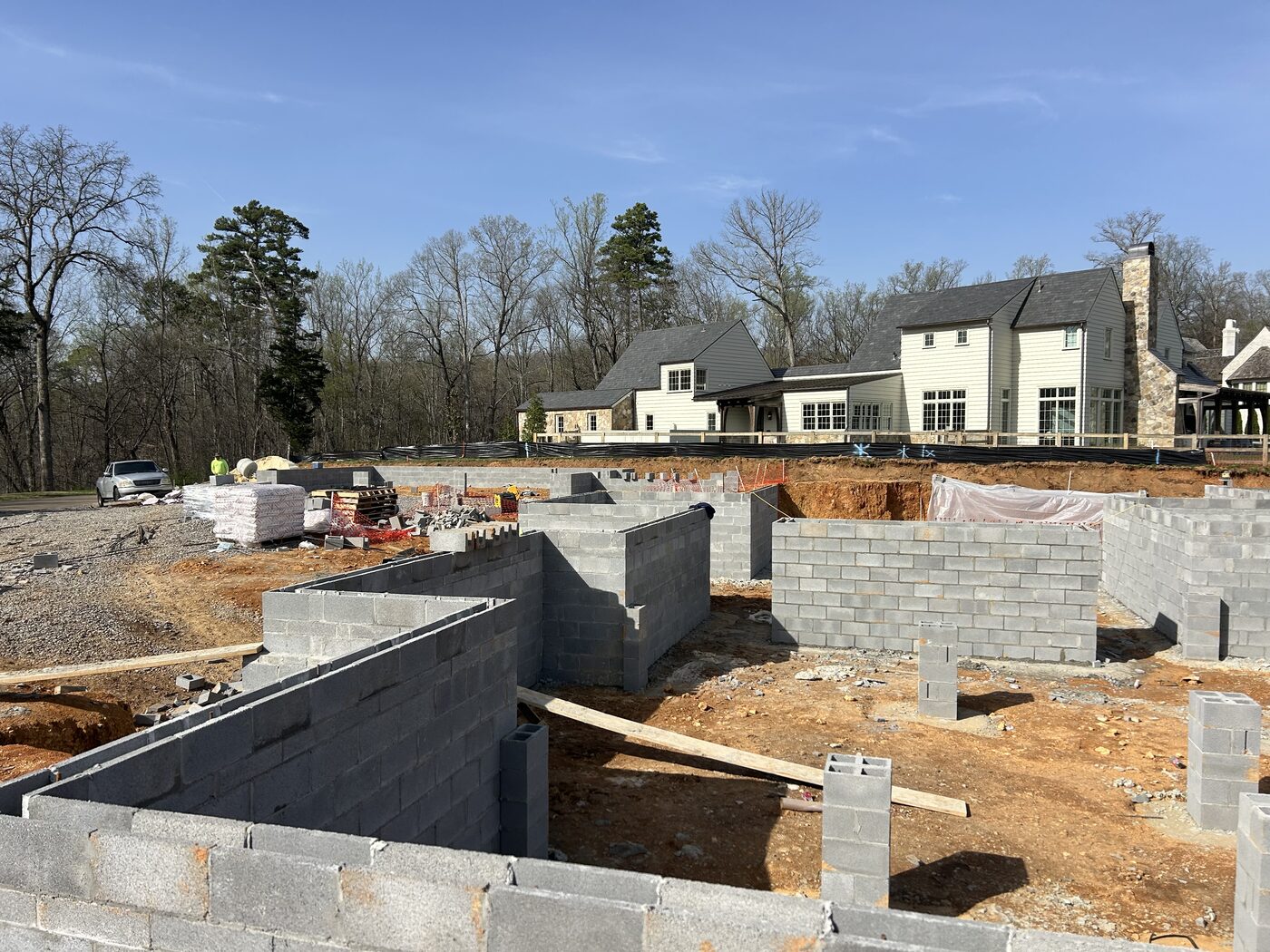 CMU foundation walls complete — high-end custom home