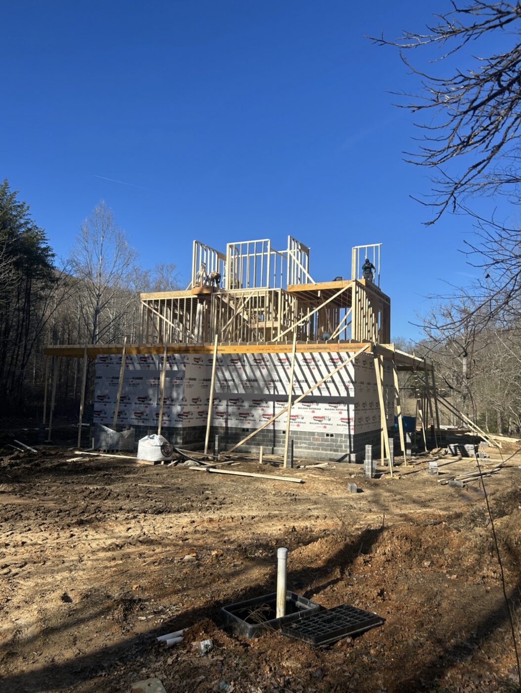 Second-story framing in progress — custom home, Tennessee